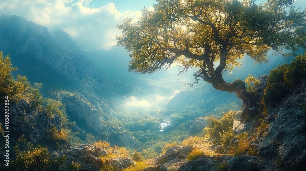 A serene landscape featuring a prominent, twisted tree at the forefront. The tree is surrounded by lush greenery and rocky terrain, with light filtering through the leaves, creating a soft, warm glow. A serene landscape featuring a prominent, twisted tree at the forefront. The tree is surrounded by lush greenery and rocky terrain, with light filtering through the leaves, creating a soft, warm glow.