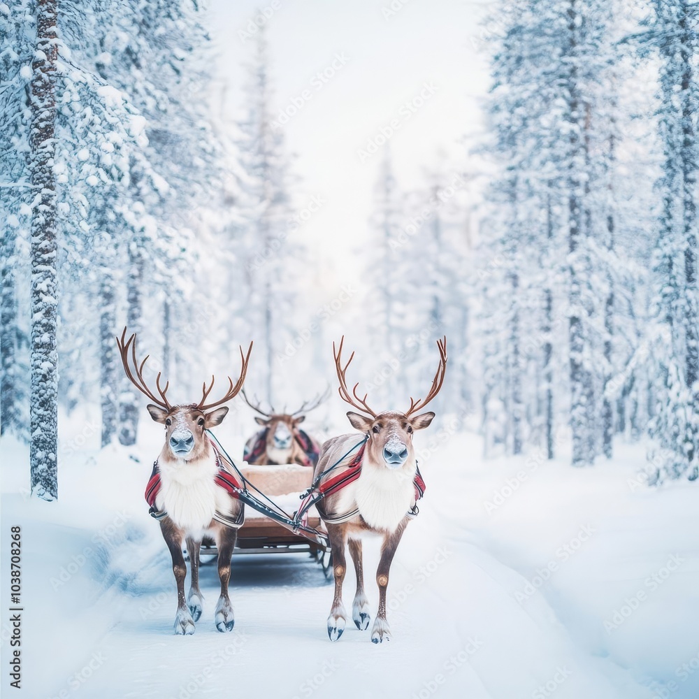 Reindeer pulling a sleigh through a snow-covered Lapland village, holiday lights twinkling Reindeer pulling a sleigh through a snow-covered Lapland village, holiday lights twinkling