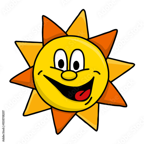 Sole sun sorridente giallo e arancio stile fumetto simpatico vettoriale editabile