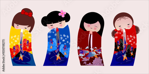 Japanese kokeshi dolls character icon vector illustration. Kawai asian girls wearing kimono. Cute cartoon asian women.