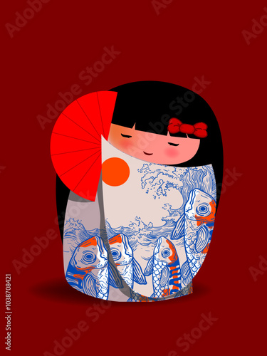 Japanese kokeshi dolls character icon vector illustration. Kawai asian girls wearing kimono. Cute cartoon asian women.
