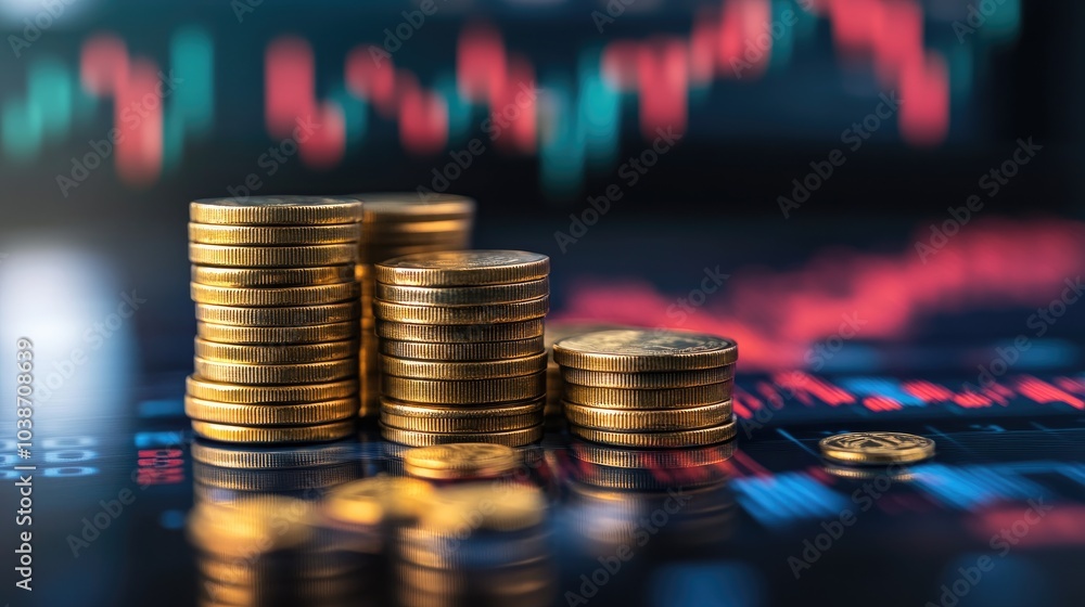 Stacked Coins on Financial Chart Background Stacked Coins on Financial Chart Background