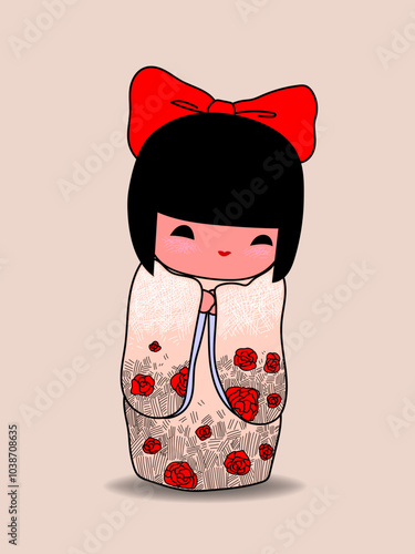 Japanese kokeshi dolls character icon vector illustration. Kawai asian girls wearing kimono. Cute cartoon asian women.