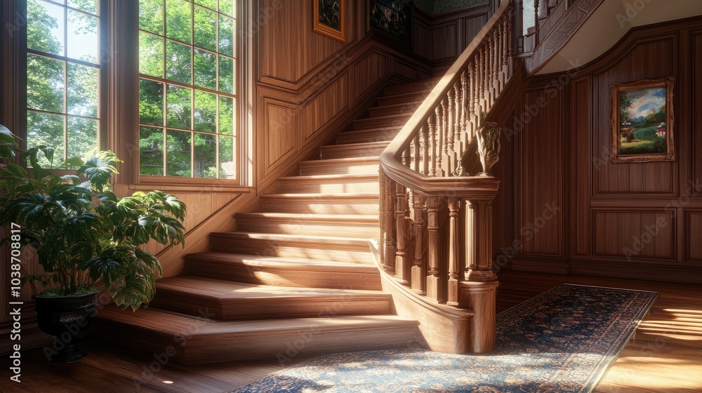 Elegant Wooden Staircase in Sunlit Interior Elegant Wooden Staircase in Sunlit Interior