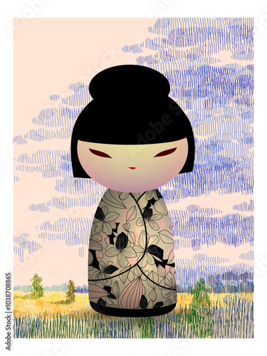 Japanese kokeshi dolls character icon vector illustration. Kawai asian girls wearing kimono. Cute cartoon asian women.