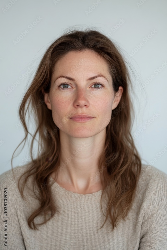 portrait ID of american female about 30 yearsold, centrer view, background white portrait ID of american female about 30 yearsold, centrer view, background white