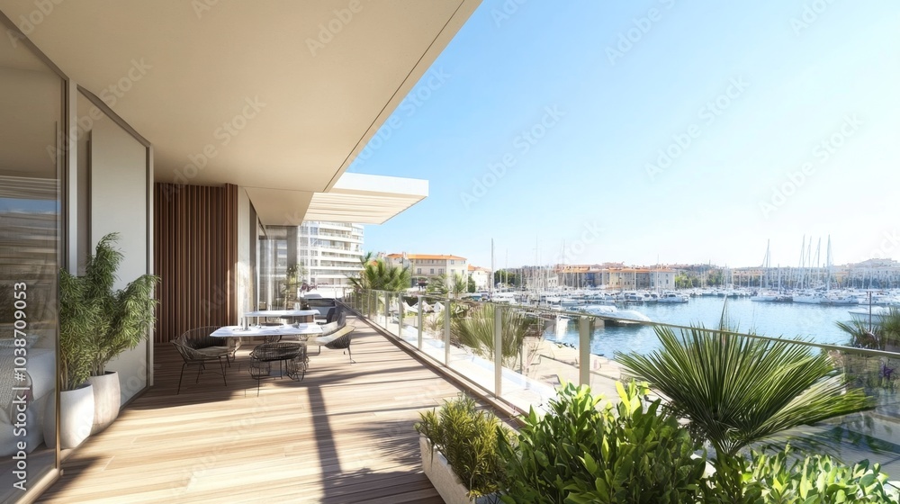 elegant apartment, beach in the background, trees, chairs, blue sky with little clouds elegant apartment, beach in the background, trees, chairs, blue sky with little clouds