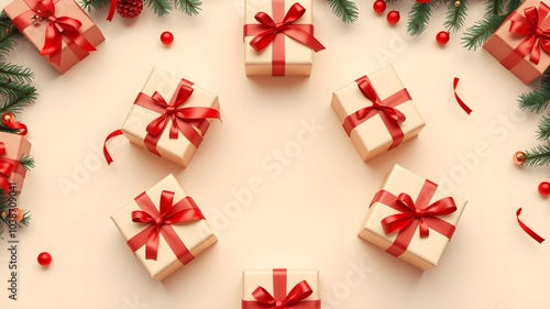 Pastel Christmas gifts in a circle with red ribbons