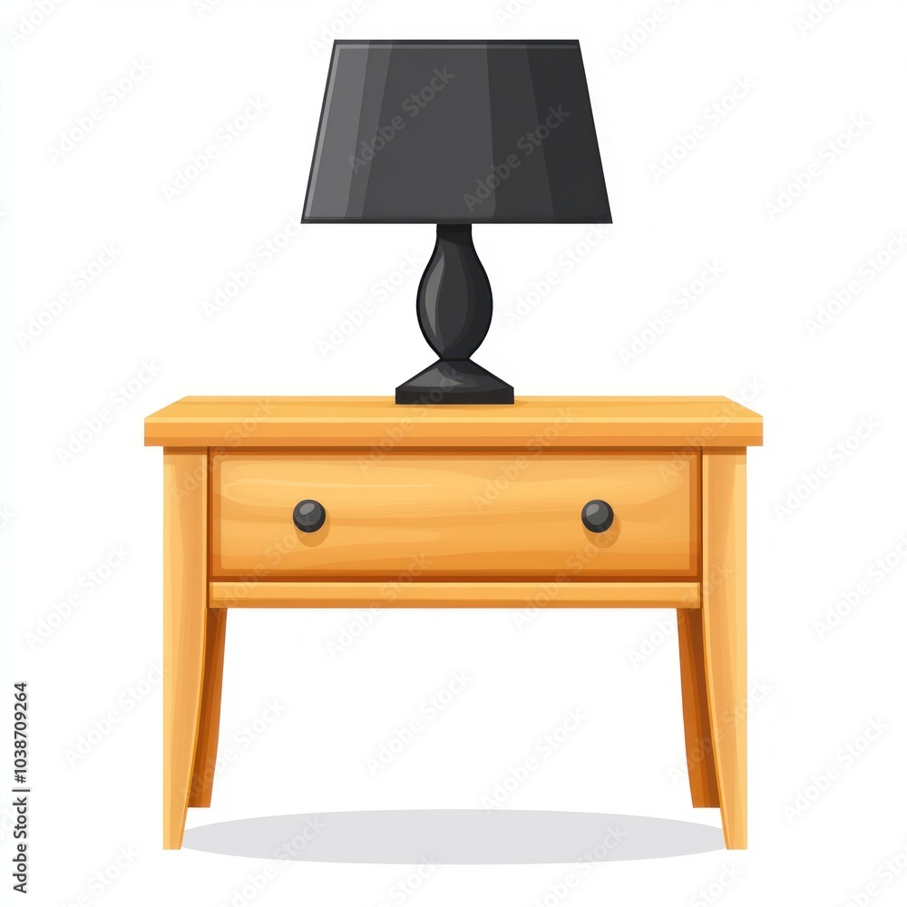 A wooden nightstand with a black lamp on top, suitable for bedroom decor.