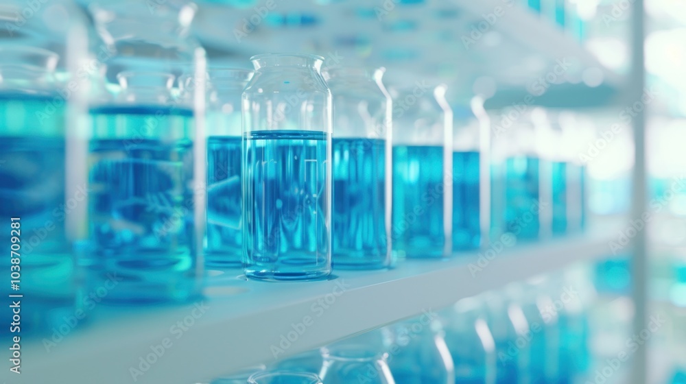 Blue Liquid in Glass Jars on Shelf Blue Liquid in Glass Jars on Shelf