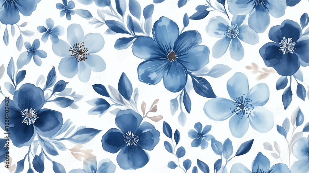 Seamless Watercolor Pattern of Blue Flowers and Leaves on White Background - Minimalist Vector Illustration Seamless Watercolor Pattern of Blue Flowers and Leaves on White Background - Minimalist Vector Illustration