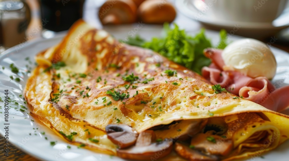 A savory crepe filled with mushrooms, ham, and cheese. It's a delicious and satisfying meal for any time of day! A savory crepe filled with mushrooms, ham, and cheese. It's a delicious and satisfying meal for any time of day!
