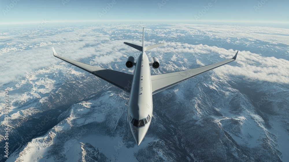 Fototapeta premium Modern Aircraft Flying Over Snowy Mountains
