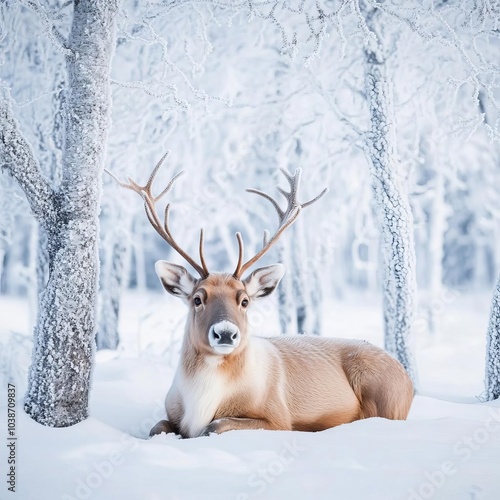 Reindeer resting under frosted trees in Lapland, quiet and tranquil winter scene