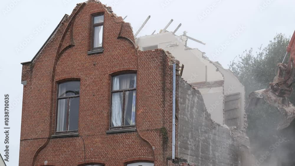 Demolition of an old brick building in a quiet neighborhood on a cloudy day Demolition of an old brick building in a quiet neighborhood on a cloudy day