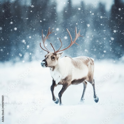 Reindeer running through a snowstorm in Lapland, powerful and majestic in motion