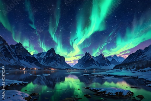 Vibrant aurora borealis over snowy mountains with reflection on water, showcasing natural beauty and the phenomenon of northern lights.