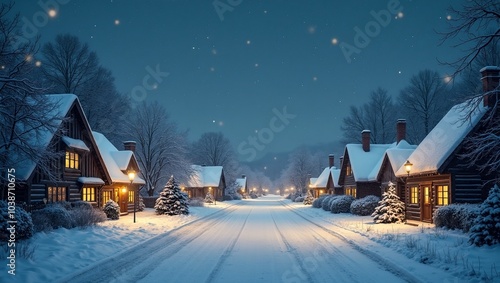 Cozy snowy village at night with glowing windows and falling snow