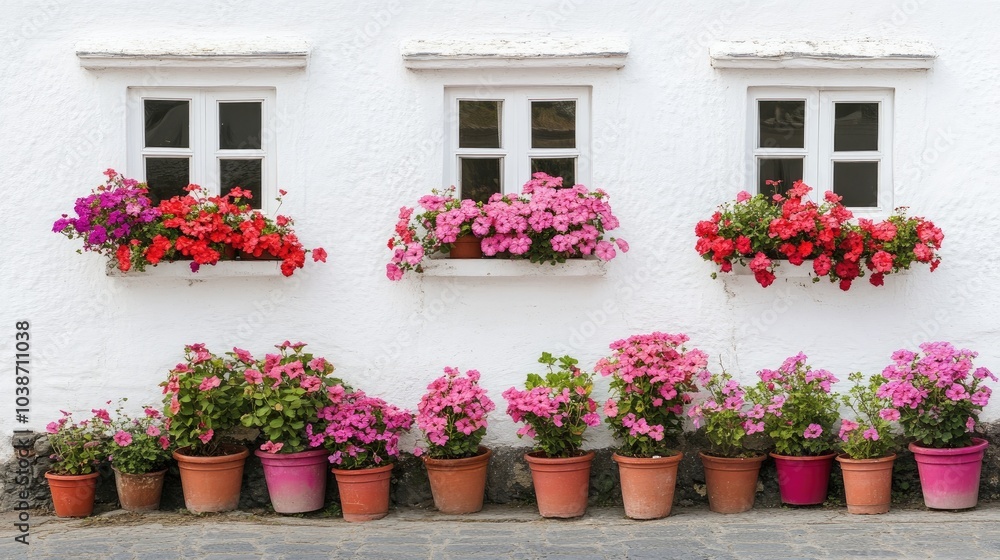 Colorful Flower Boxes on a White Wall Colorful Flower Boxes on a White Wall
