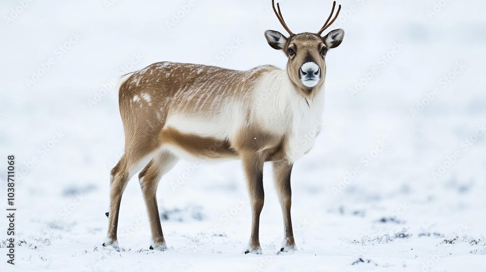 Reindeer standing in a field of untouched snow, Lapland winter wonderland Reindeer standing in a field of untouched snow, Lapland winter wonderland