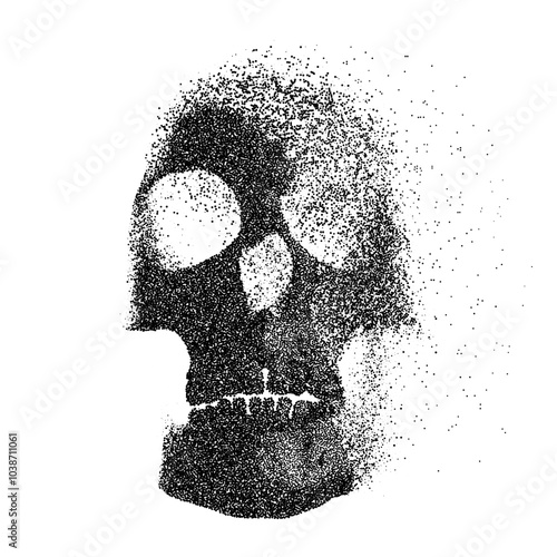 Vector skull silhouette disintegrating into scattered particles fragmented, pixelated effect.