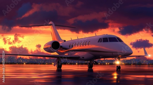 Private Jet at Sunrise Over the Cityscape