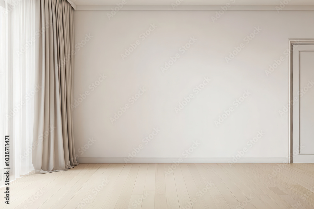 spacious and minimalistic interior featuring light wooden floor and soft, flowing curtains. neutral color palette creates calm and inviting atmosphere, perfect for various design possibilities spacious and minimalistic interior featuring light wooden floor and soft, flowing curtains. neutral color palette creates calm and inviting atmosphere, perfect for various design possibilities
