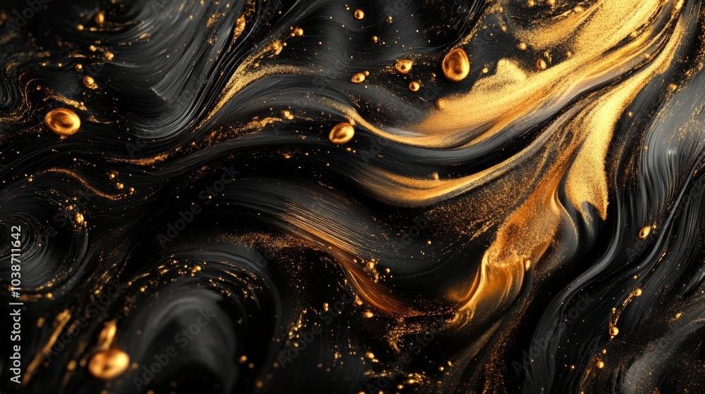 Abstract Black and Gold Swirling Liquid with Scattered Gold Dots, Abstract , Liquid Art Abstract Black and Gold Swirling Liquid with Scattered Gold Dots, Abstract , Liquid Art
