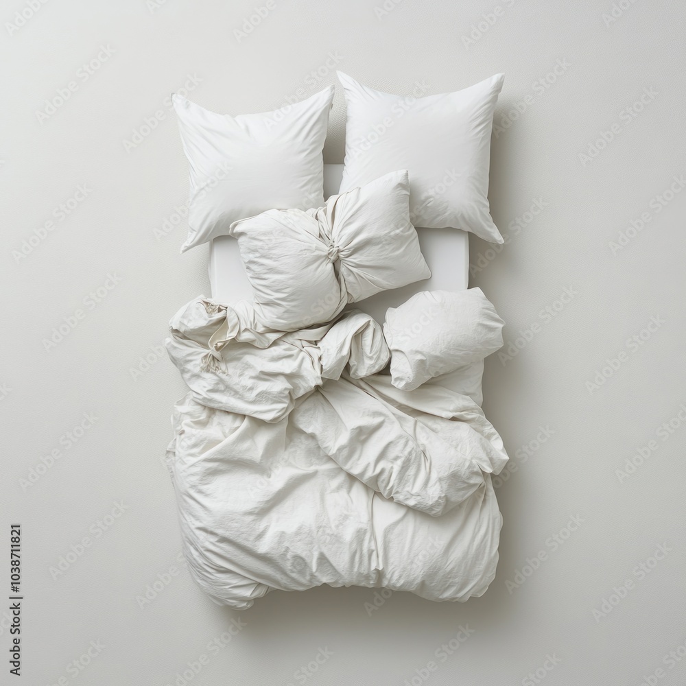 Obraz premium A neatly arranged white bedding set with pillows on a light background.