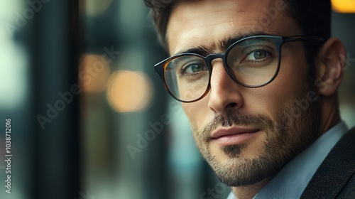 A stylish man with glasses poses thoughtfully, showcasing a confident expression against a blurred urban backdrop.