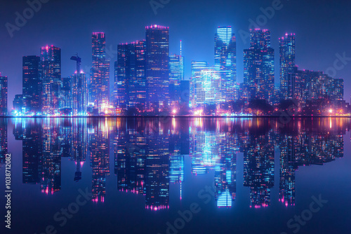 A vibrant city skyline illuminated by neon lights at night reflecting vividly on calm water creating a colorful and futuristic scene 