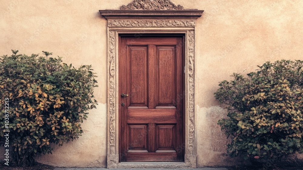 Fototapeta premium Elegant Wooden Door with Ornate Frame and Surroundings