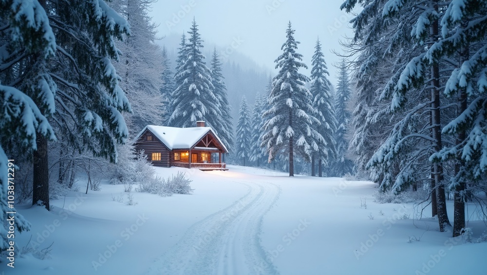 Cozy winter cabin nestled in snow covered forest clearing Cozy winter cabin nestled in snow covered forest clearing