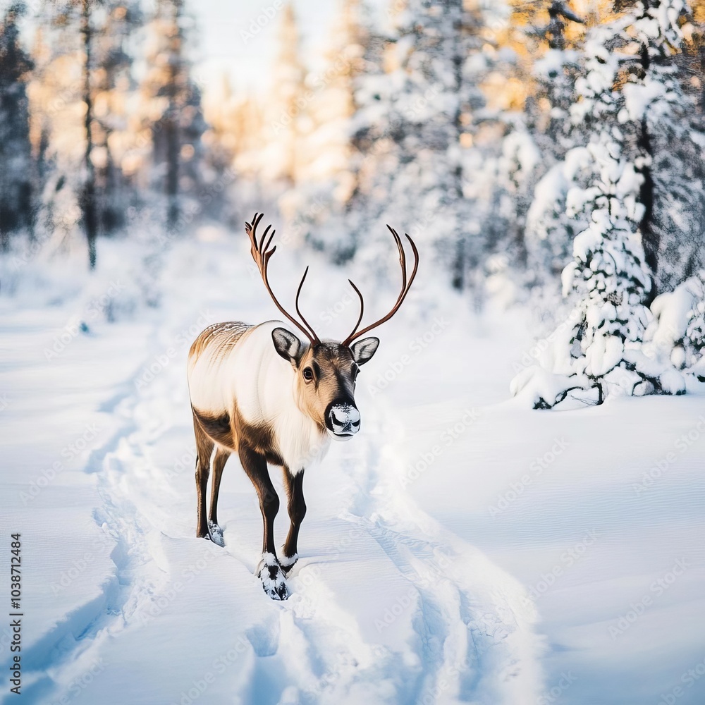 Reindeer walking through a Lapland forest, leaving tracks in the fresh snow Reindeer walking through a Lapland forest, leaving tracks in the fresh snow