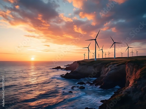 Wind turbines generating clean energy on a remote coastline at sunset, symbolizing renewable energy, and eco-friendly power generation in harmony with nature.