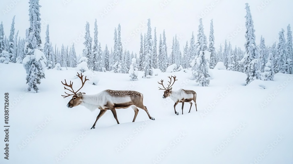Reindeer walking through a snow-draped forest, peaceful winter scene in Lapland Reindeer walking through a snow-draped forest, peaceful winter scene in Lapland