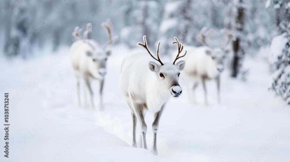Reindeer with frosted fur walking through a snow-covered Lapland forest, serene winter wonderland Reindeer with frosted fur walking through a snow-covered Lapland forest, serene winter wonderland