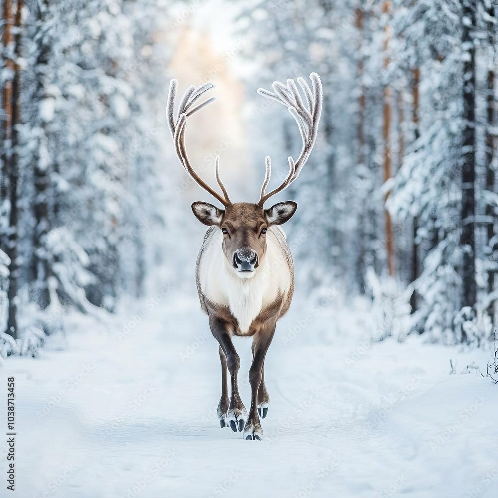 Reindeer with frosty antlers walking through a snow-covered Lapland forest, winter stillness Reindeer with frosty antlers walking through a snow-covered Lapland forest, winter stillness