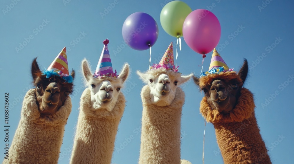 Fototapeta premium Four Llamas In Party Hats With Balloons, Llamas, birthday , celebration