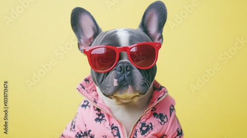 French Bulldog Wearing Sunglasses, Yellow Background, Cool Dog, Portrait, Fashion, Pet, French Bulldog