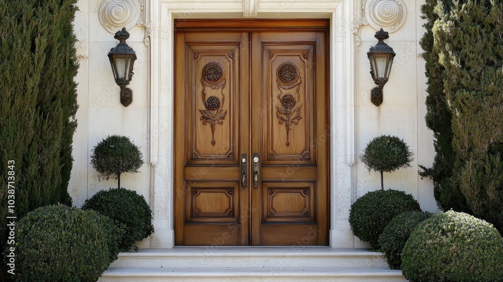 Elegant Wooden Doors with Decorative Surroundings
