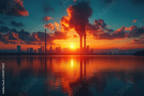 Sunset over the city skyline with smoke rising from industrial towers near the water