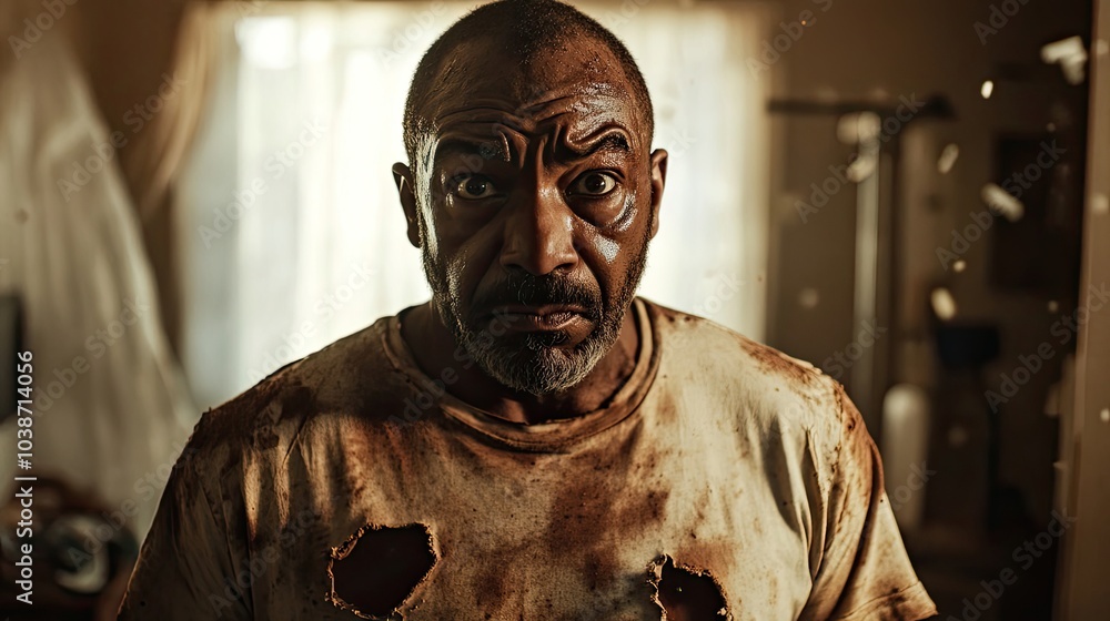 Naklejka premium Frustrated Man in Tattered Clothes at Home Generative AI