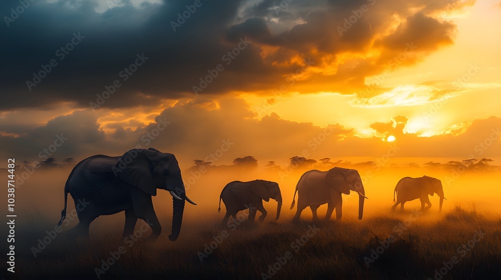 Obraz premium Elephants at Sunset in the African Savanna