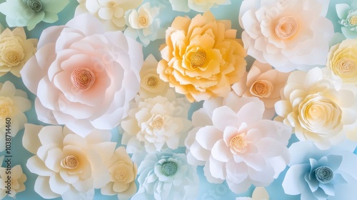 Pastel Paper Flower Wall Decor, Blue Background, Floral Craft, DIY, Paper Flowers, Home Decor, Craft Project