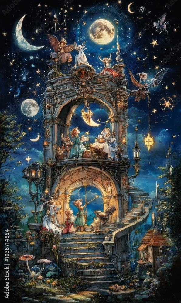 Obraz premium Stone tower with moon, stars, and figures.