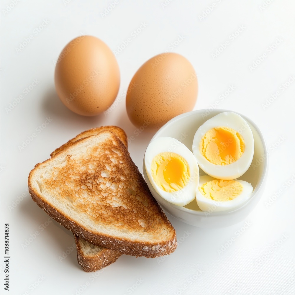 A simple breakfast scene featuring eggs, toast, and a bowl of halved boiled eggs. A simple breakfast scene featuring eggs, toast, and a bowl of halved boiled eggs.