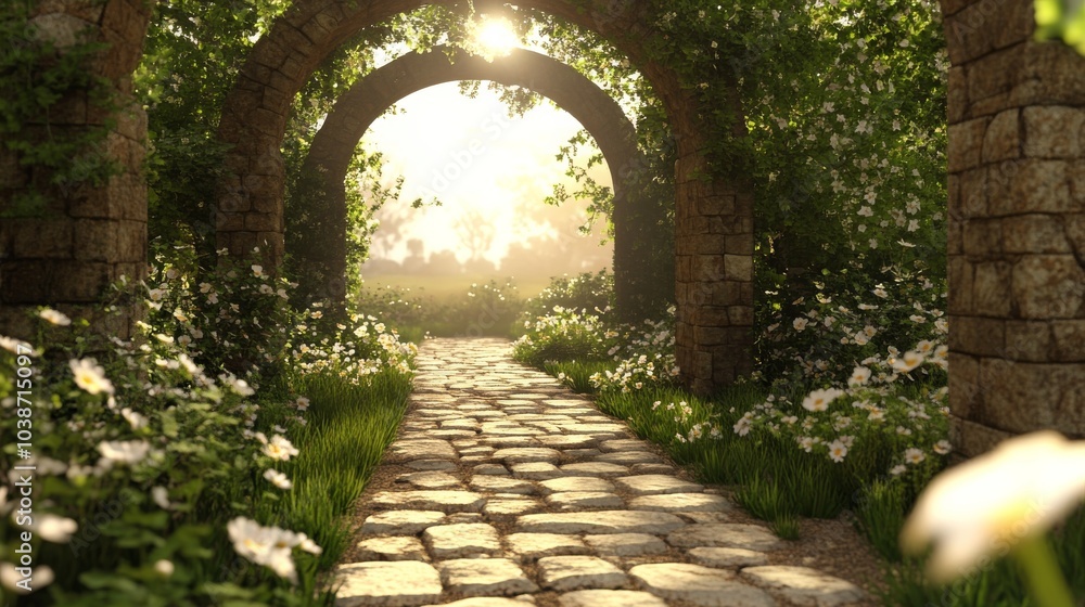 Obraz premium Stone Archway Pathway to a Sunlit Meadow, 3D Render, fantasy, garden, nature, stone, architecture