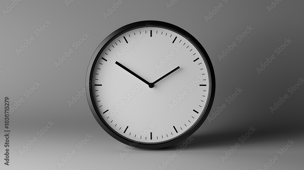 A simple, minimalist clock design featuring a white face and black hands, set against a gray background, emphasizing functionality and style. A simple, minimalist clock design featuring a white face and black hands, set against a gray background, emphasizing functionality and style.