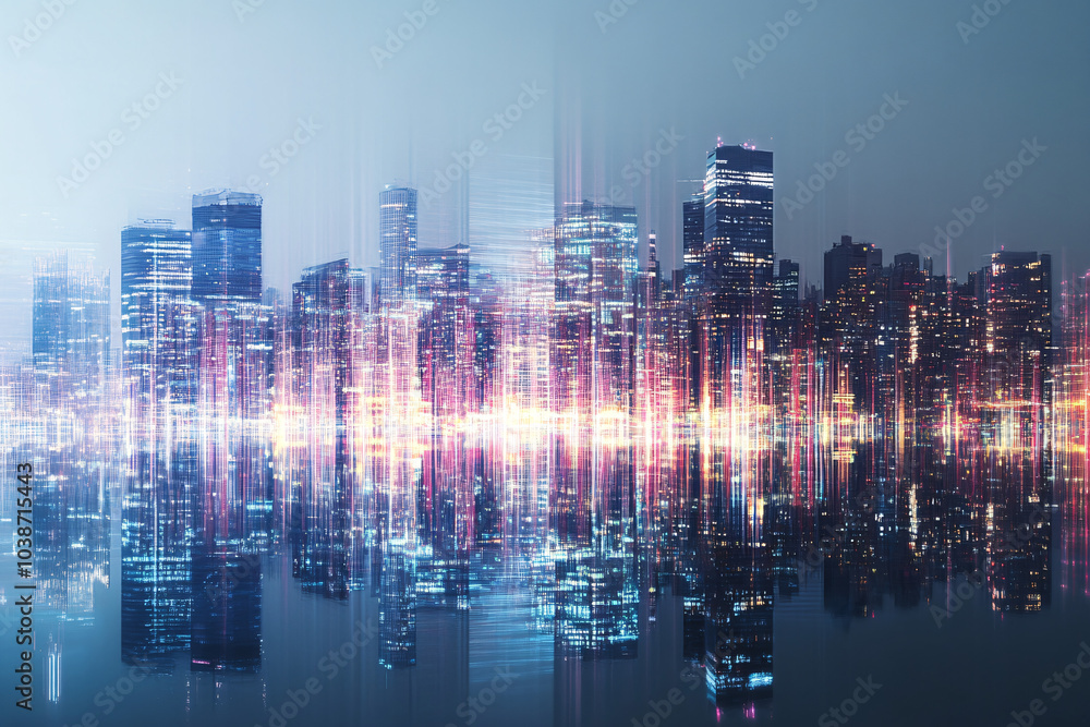 Obraz premium A futuristic cityscape reflected on water with tall buildings glowing in soft neon lights creating a surreal skyline 